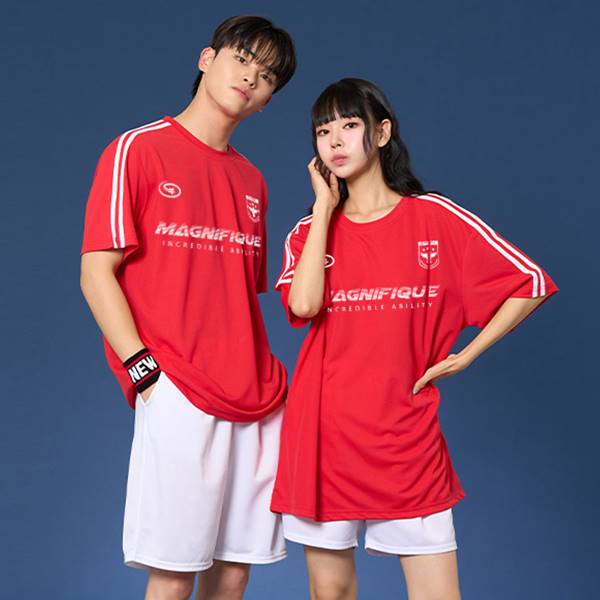 숄더 2선 오버핏져지 반팔 반티 레드 세트(상의기준)