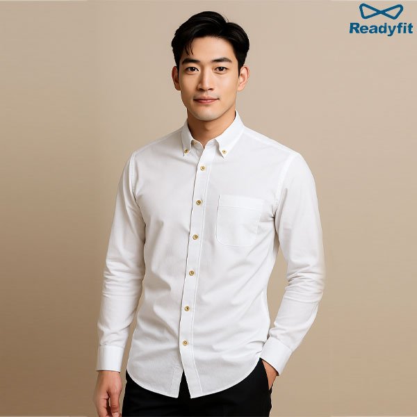 우드 텍스쳐 버튼 화이트 레귤러 셔츠 S1002