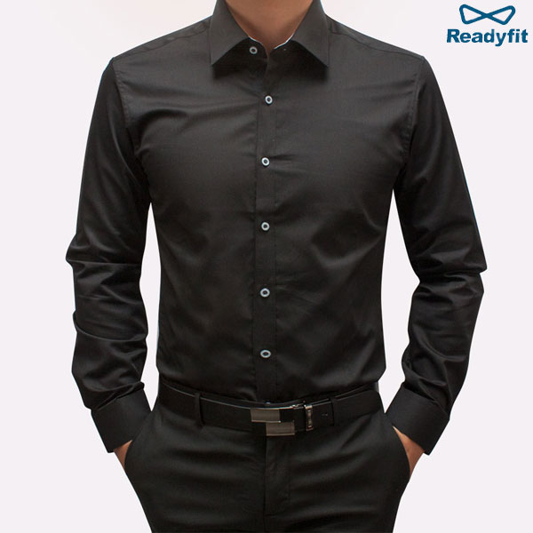 슬림 블랙 포인트배색카라 긴팔셔츠 VR3044