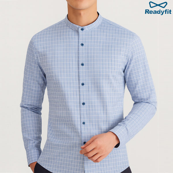 슬림 윈도페인체크 차이나칼라 블루 긴팔 셔츠 SV7131
