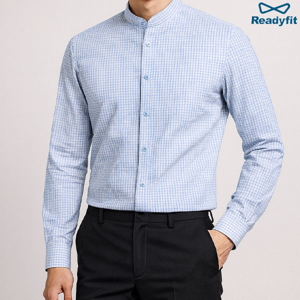 슬림 그래프체크 차이나칼라 블루그레이 셔츠 SV7132