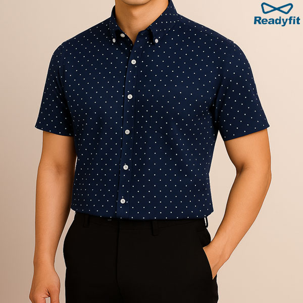 투 컬러 도트 네이비 슬림 반팔 셔츠 SV7526
