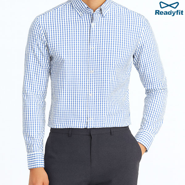 슬림 네이비 더블체크 버튼다운 블루 셔츠 SV7111