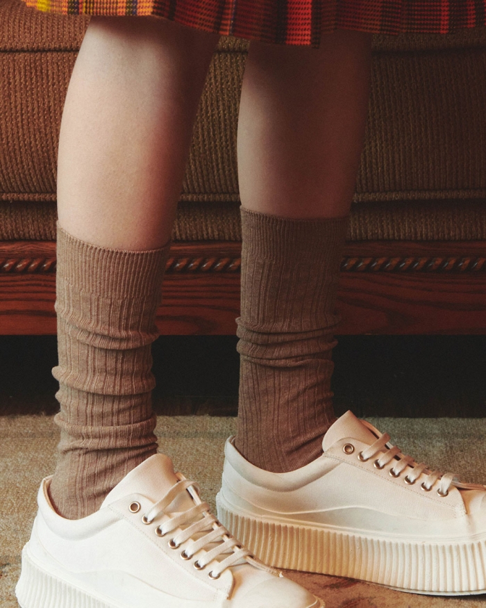 I Hate Monday X Replain Cotton Blend Knee High Socks Beige