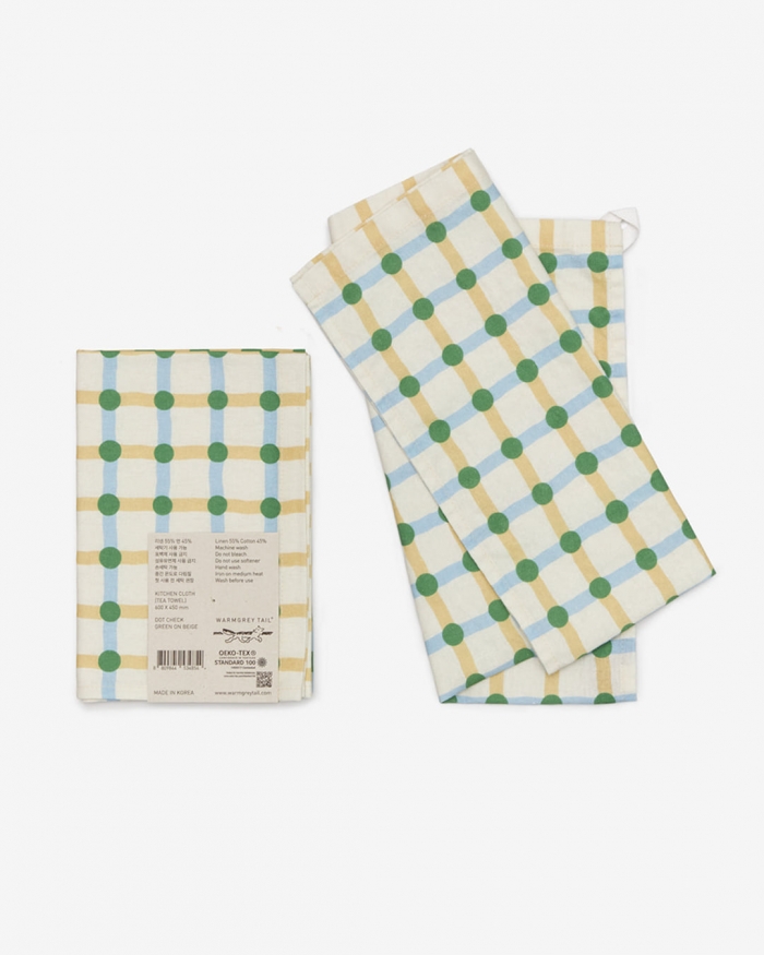 DOT CHECK KITCHEN CLOTH - GREEN ON BEIGE