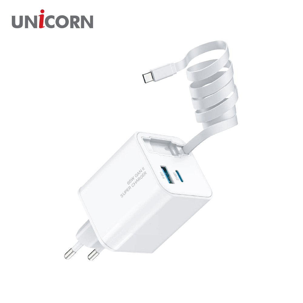 유니콘 릴타입 케이블일체형 멀티 2포트 GaN 65W PD 초고속충전기 갤럭시 아이폰 KA-800PD