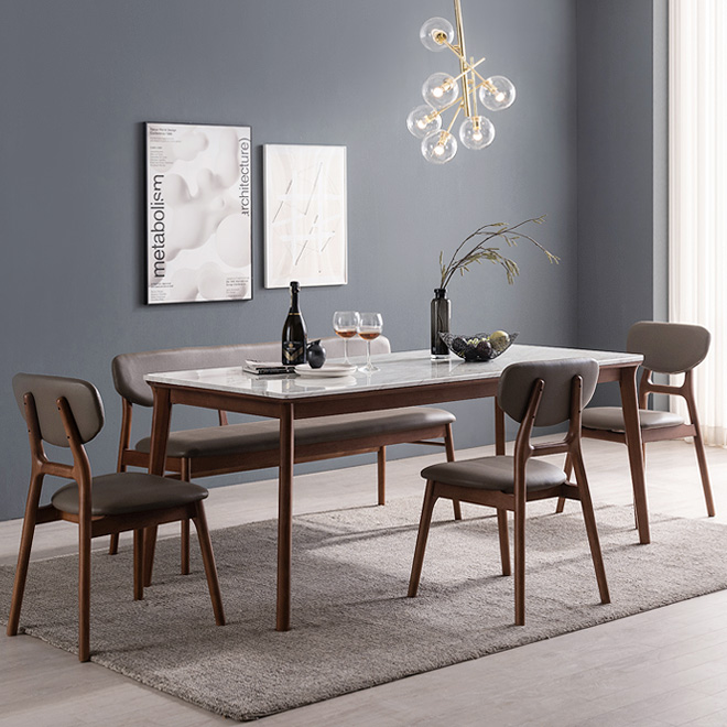 헤이미쉬홈 헤이든 4인용 6인용 고무나무 원목 비앙코카라라 대리석 식탁 테이블 세트