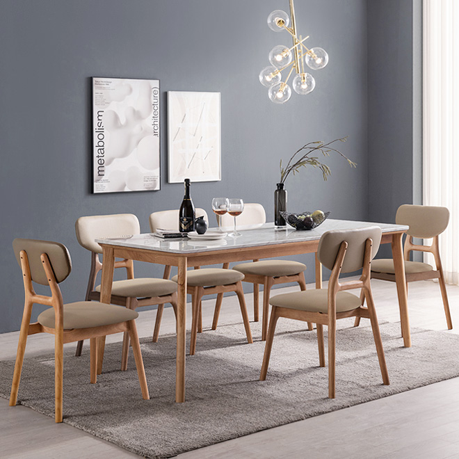 헤이미쉬홈 헤이든 4인용 6인용 고무나무 원목 비앙코카라라 대리석 식탁 테이블 세트