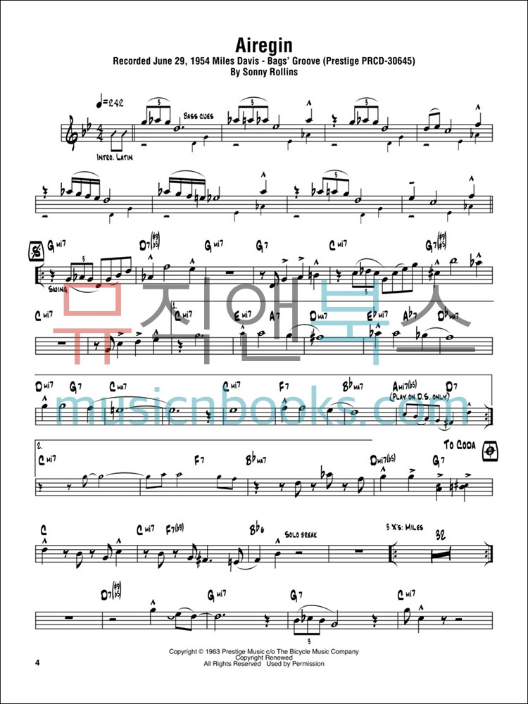 소니 롤린스 옴니북 B플랫 색소폰 솔로 악보 Sonny Rollins Omnibook B-flat [00232485]