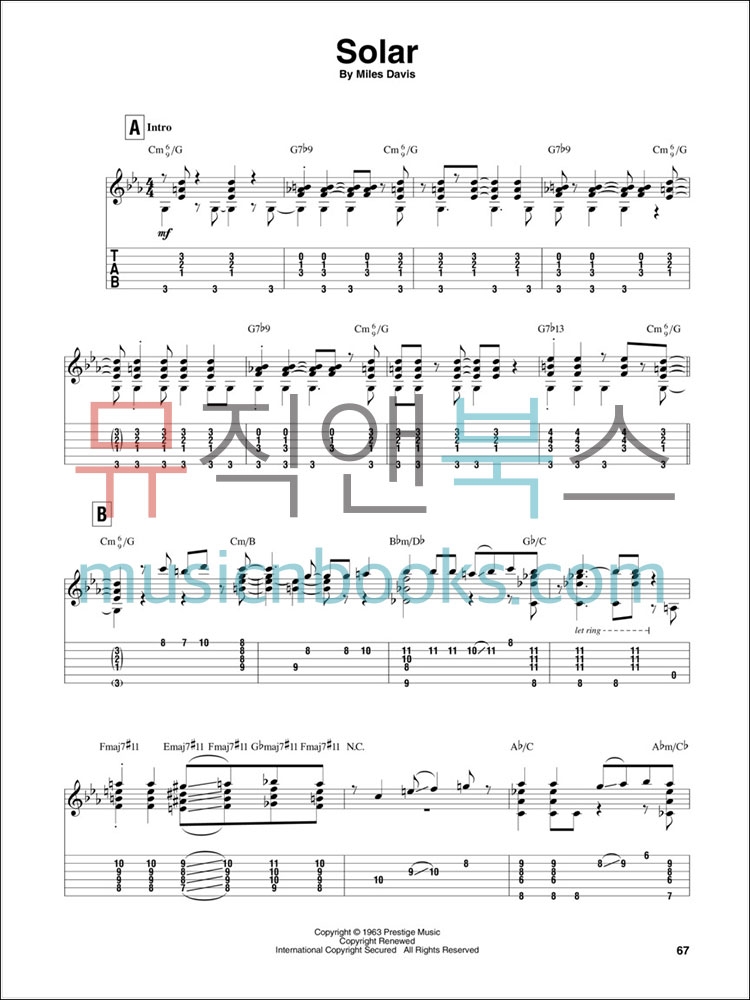 Miles Davis for Solo Guitar 마일스 데이비스 재즈 기타 솔로 타브 악보 (온라인 음원 포함) [00699264]
