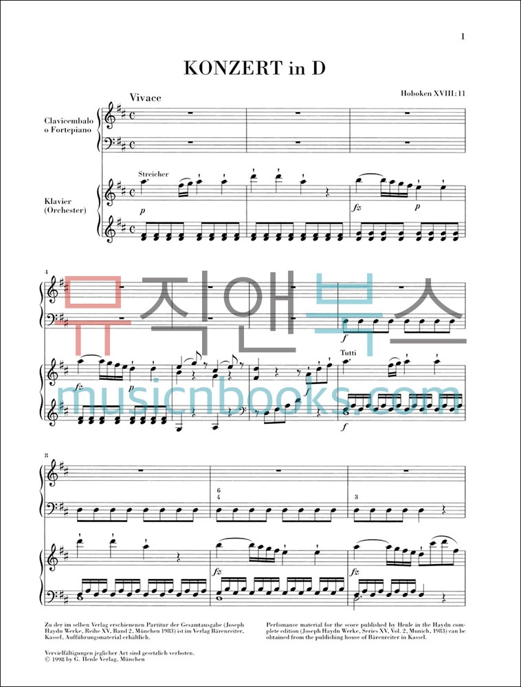 헨레 하이든 피아노 협주곡 11번 D장조 Hob XVIII 11 [HN640] 악보