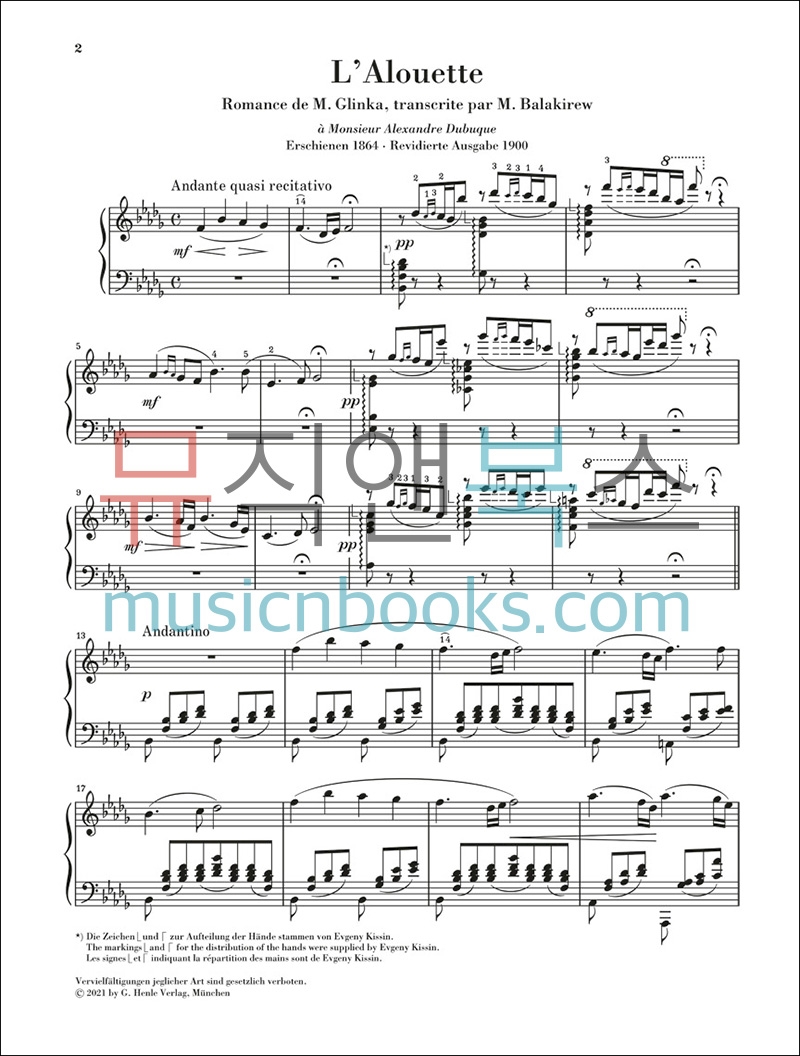 헨레 발라키레프 종달새 피아노 악보 (글린카 원작) Balakirev The Lark [HN1455]