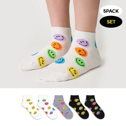 GGRN 키즈 유아동용 스마일 패턴 스니커즈 패션 양말 5켤레 세트