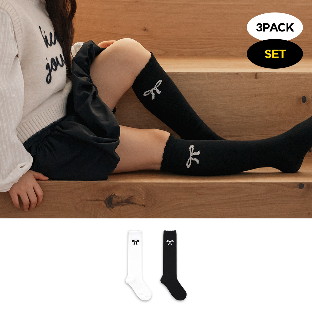 GGRN 키즈 유아동용 포인트 리본 니삭스 양말 3켤레 세트