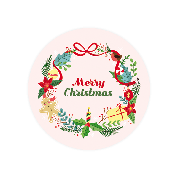 크리스마스026-컬러풀 크리스마스 리스 7cm원형 스티커 10개