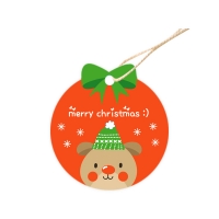 태그-크리스마스019-사슴 레드 7cm 리본장식 원형 태그 100개+면끈100개
