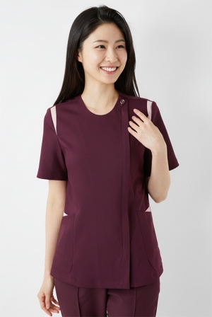 숄더배색 와인 간호복 상의-4941