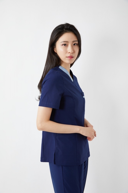 V넥 배색포인트 네이비 상의-4662