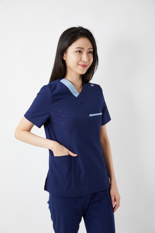 V넥 배색포인트 네이비 상의-4662