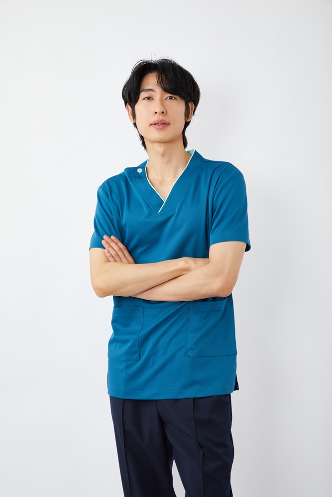 V넥 라인배색 블루그린 상의-5922