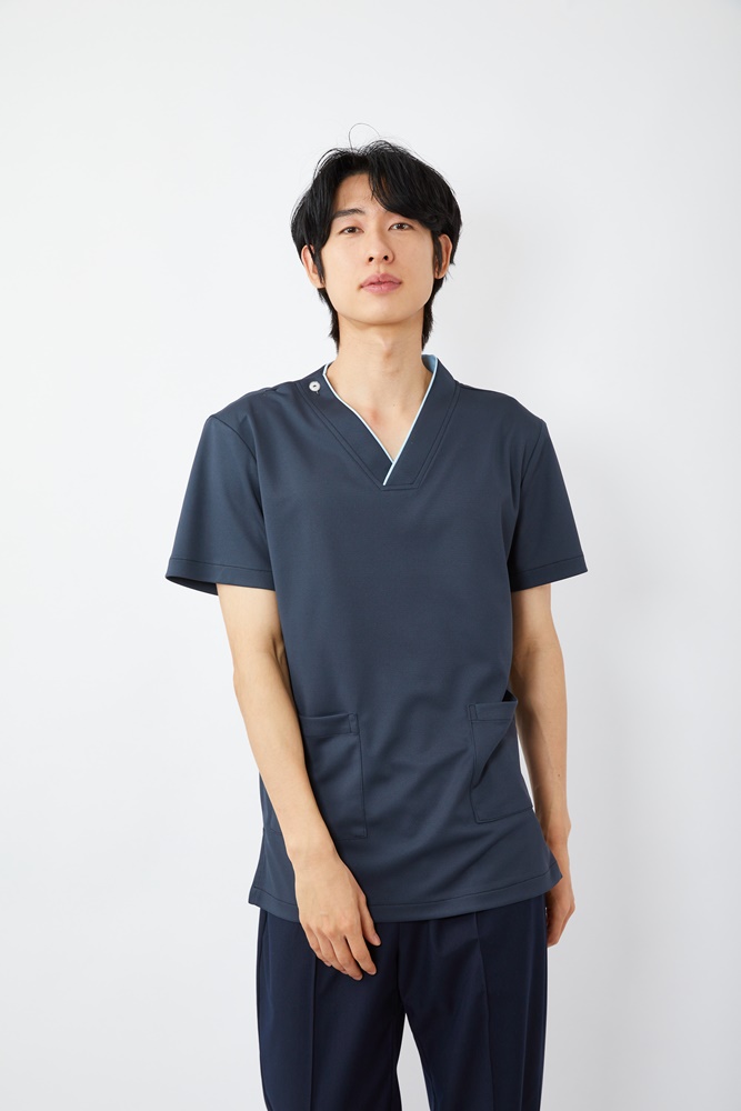 V넥 라인배색 차콜그레이 상의-5918