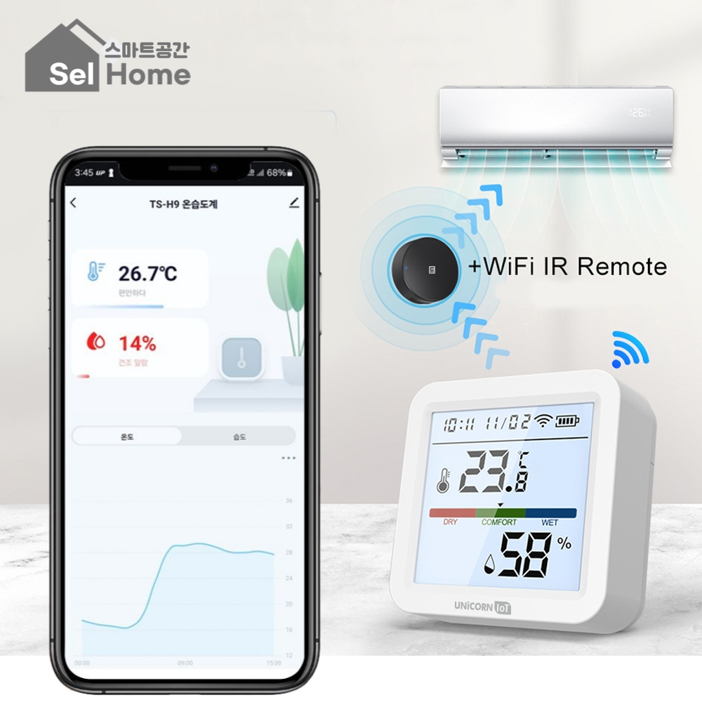 스마트공간 IoT 냉난방제어기 고급형세트 - 에어컨리모컨 온습도계 WiFi원격제어 유니콘
