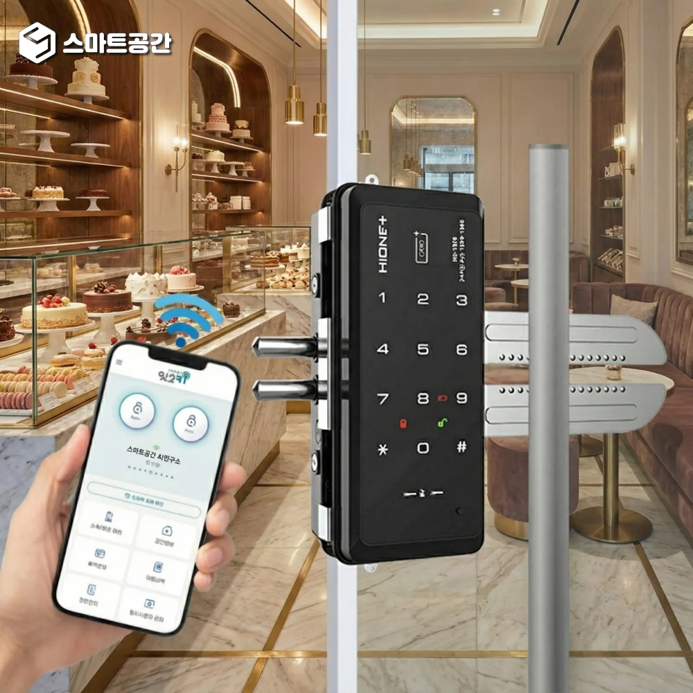 스마트공간 IoT 도어락 유리문 잇소키 - 와이파이 상점 공유 오피스 무인픽업 강화유리