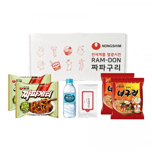 농심 짜파구리 선물세트 (짜파게티2봉, 얼큰한너구리2봉, 백산수330ml, 손세정티슈10매)