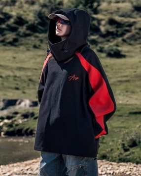 스트릿 배색 자수 분리형 해비 후드