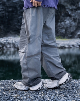 더블 사선 지퍼 스트릿 와이드 밴딩 팬츠