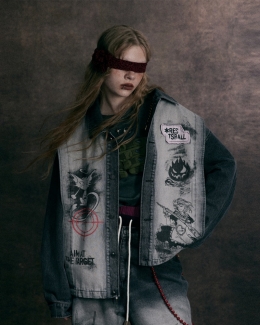 스트릿 프린트 유니크 흑청 데님 자켓