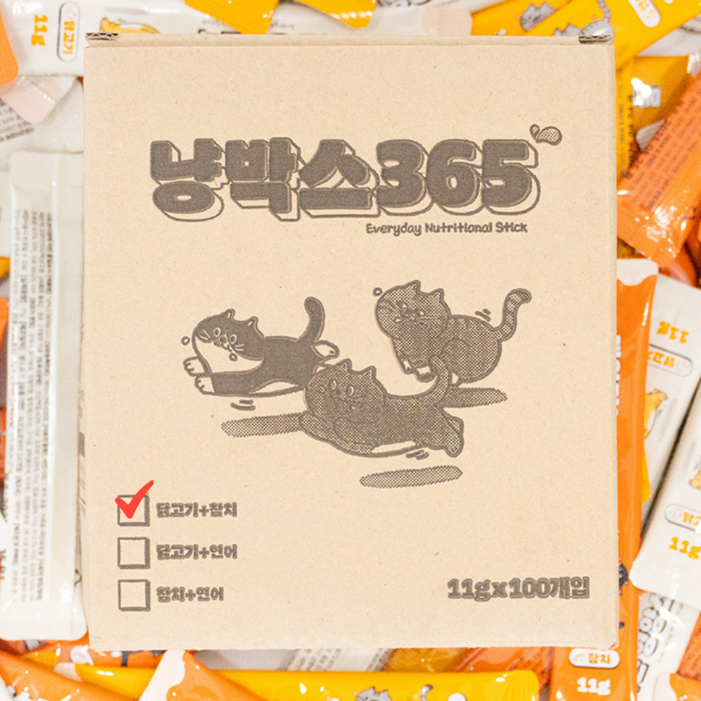 펫라벨 냥박스 365스틱 국내산 대용량 츄르간식 닭고기+참치 100p