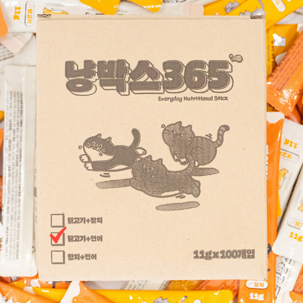 펫라벨 냥박스 365스틱 국내산 대용량 츄르간식 닭고기+연어 100p