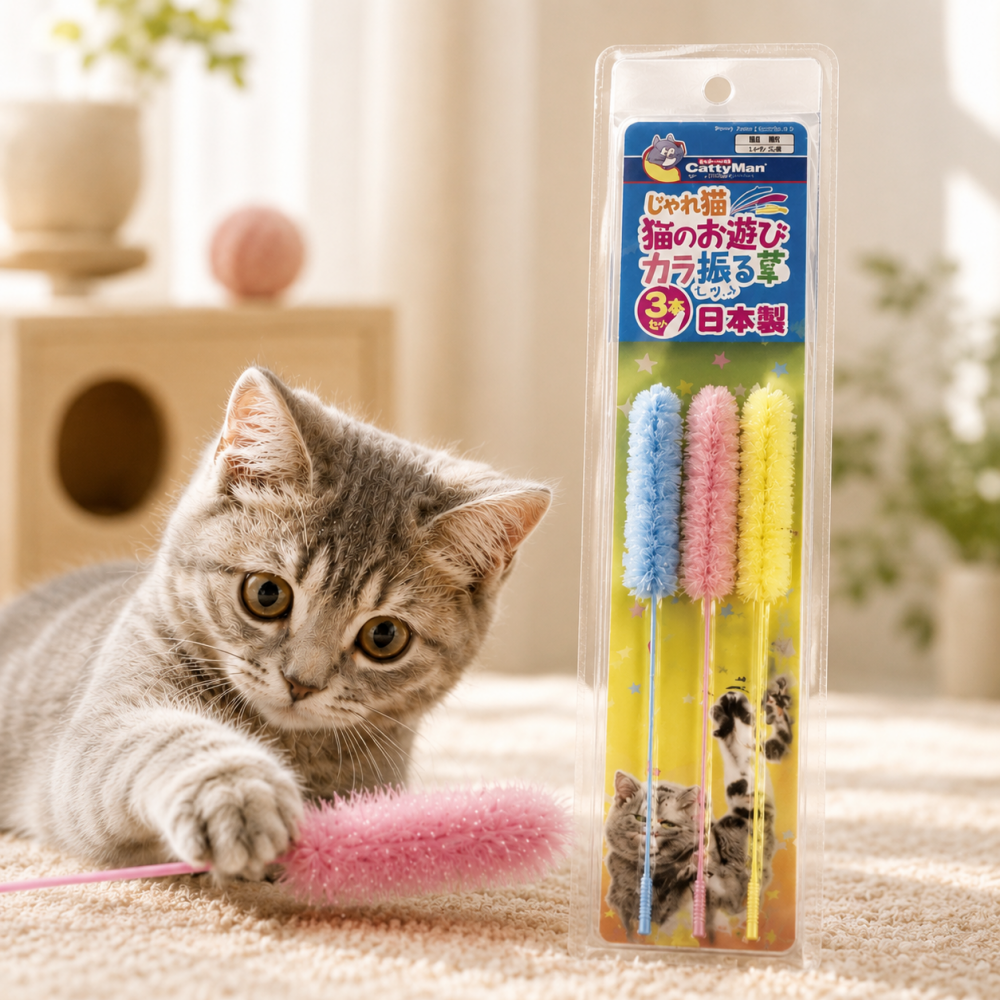 캐티맨 고양이 낚시대 장난감 강아지풀 3색X3종 콤보셋트 32cm