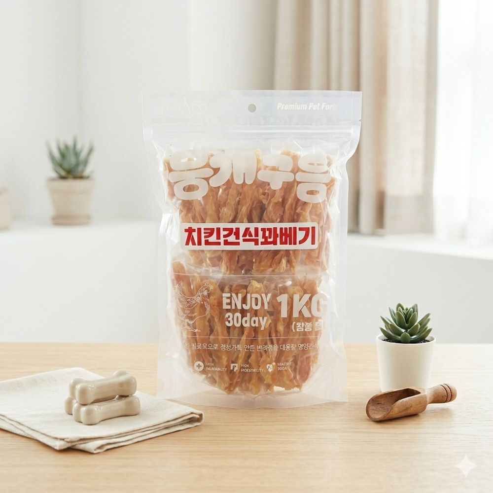 뭉개구름 대용량 천연 고품질 육포간식 치킨건식꽈배기 1kg