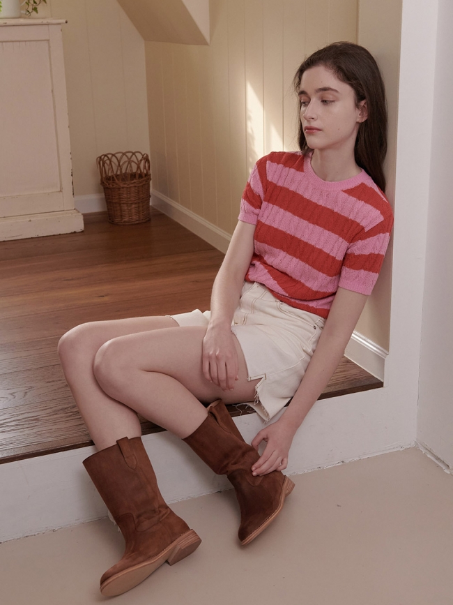 [인기 | 재입고] STRIPE CROP KNIT TOP_PINK (EEOR2NTR01W)