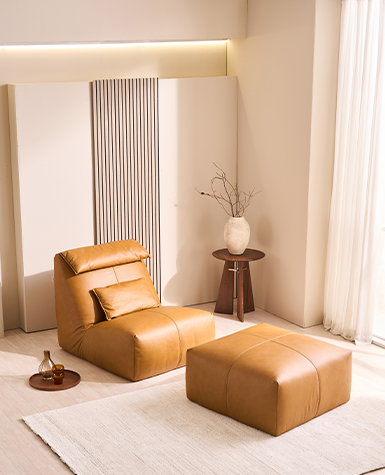[리퍼상품]비엔 전체 내추럴가죽 빈백 소파(스툴포함)