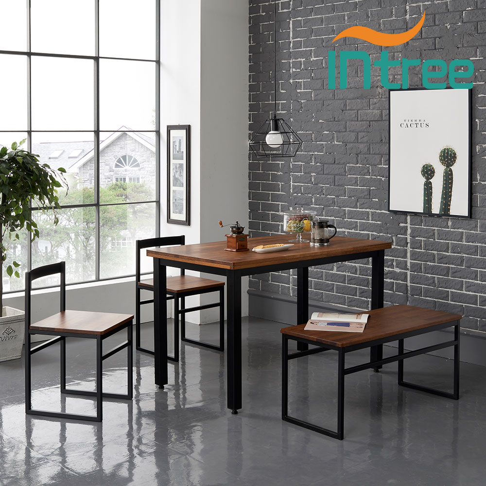 멀바우원목 스틸 4인 식탁세트 (테이블+의자2개+벤치의자1개)