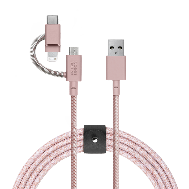 BELT CABLE UNIVERSAL ROSE (USB-A TO MICRO-USB, LIGHTNING AND USB-C)