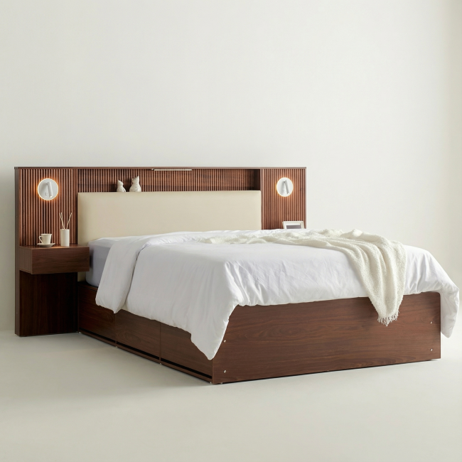 델라인 템바보드 부클레 LED 서랍 수납 호텔 평상형 침대(SS)+협탁2개