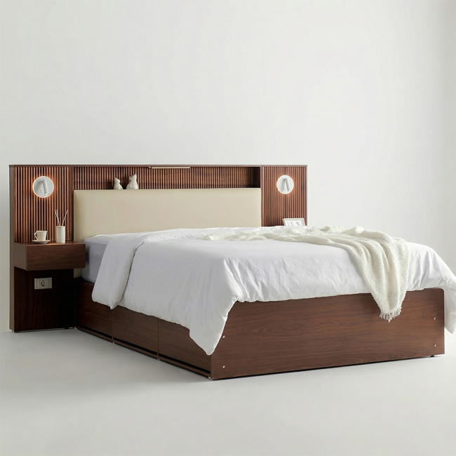 델라인 템바보드 부클레 LED 서랍 수납 호텔 평상형 침대(킹)+협탁2개