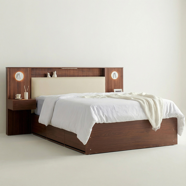 델라인 템바보드 부클레 LED 서랍 수납 호텔 평상형 침대(라지킹)+협탁2개