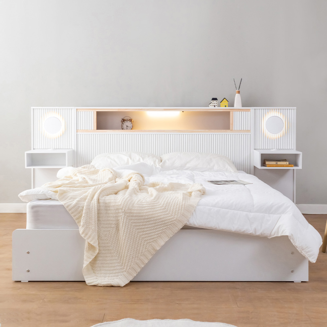 드리안 템바보드 편백원목 LED 서랍 수납 호텔 킹 침대+협탁2개