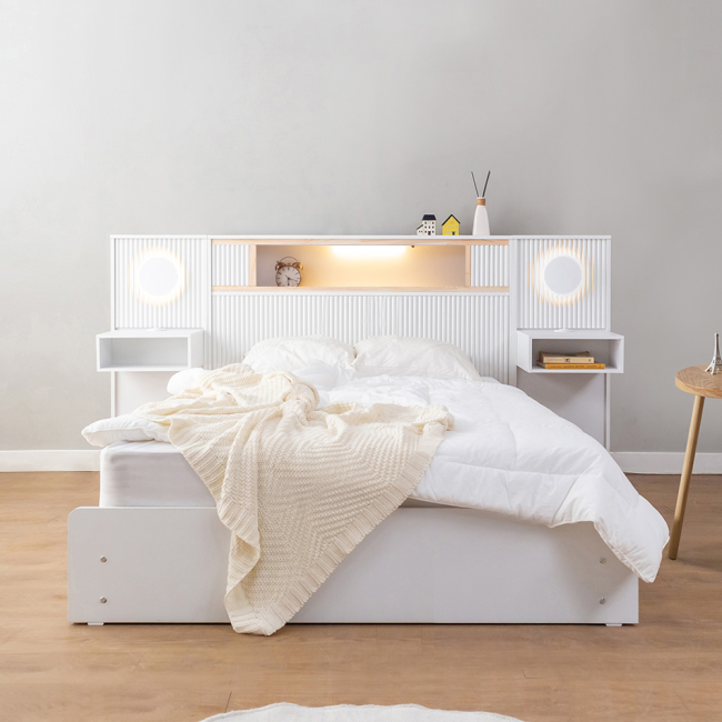 드리안 템바보드 편백원목 LED 서랍 수납 호텔 침대 SS+협탁2개