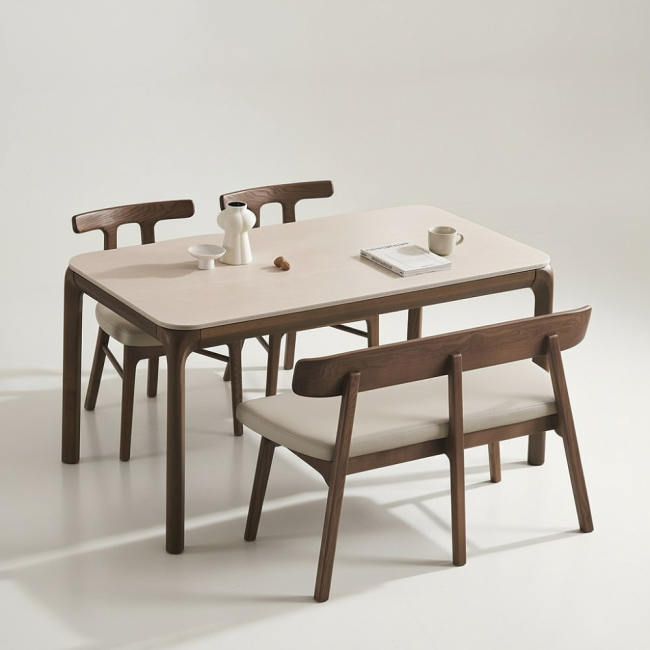 피어몬 애쉬 원목 양면 포세린 세라믹 4인 식탁세트(벤치1개+의자2개)