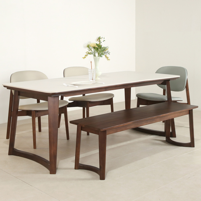 레스튼 원목 포세린 세라믹 6인 낮은 식탁세트(벤치1개+의자3개)