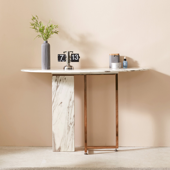 프레도 대리석 로즈골드 반타원 테이블 콘솔 화장대 진열장 사이드보드