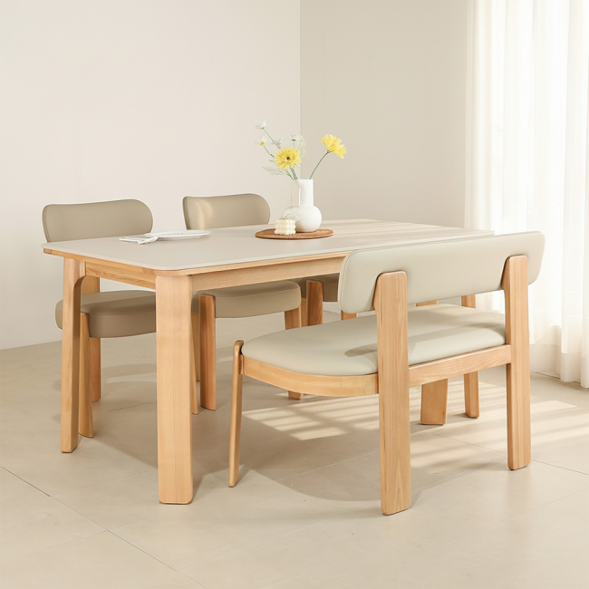 네브라 애쉬원목 포세린 세라믹 160cm 4인 식탁세트(벤치1개+의자2개)