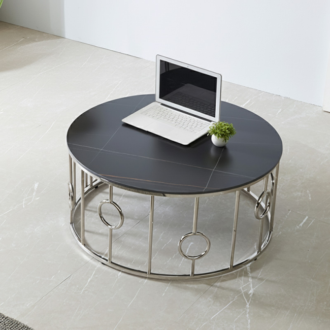 도마르 스텐 실버 원형 듀얼 포세린 세라믹 거실 소파 테이블 L