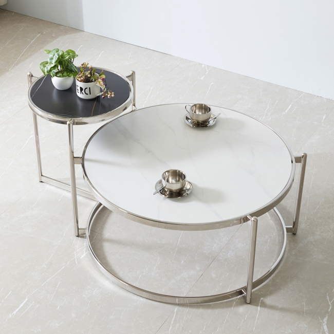 디아로 원형 듀얼 포세린 세라믹 스텐스틸 거실 소파 테이블